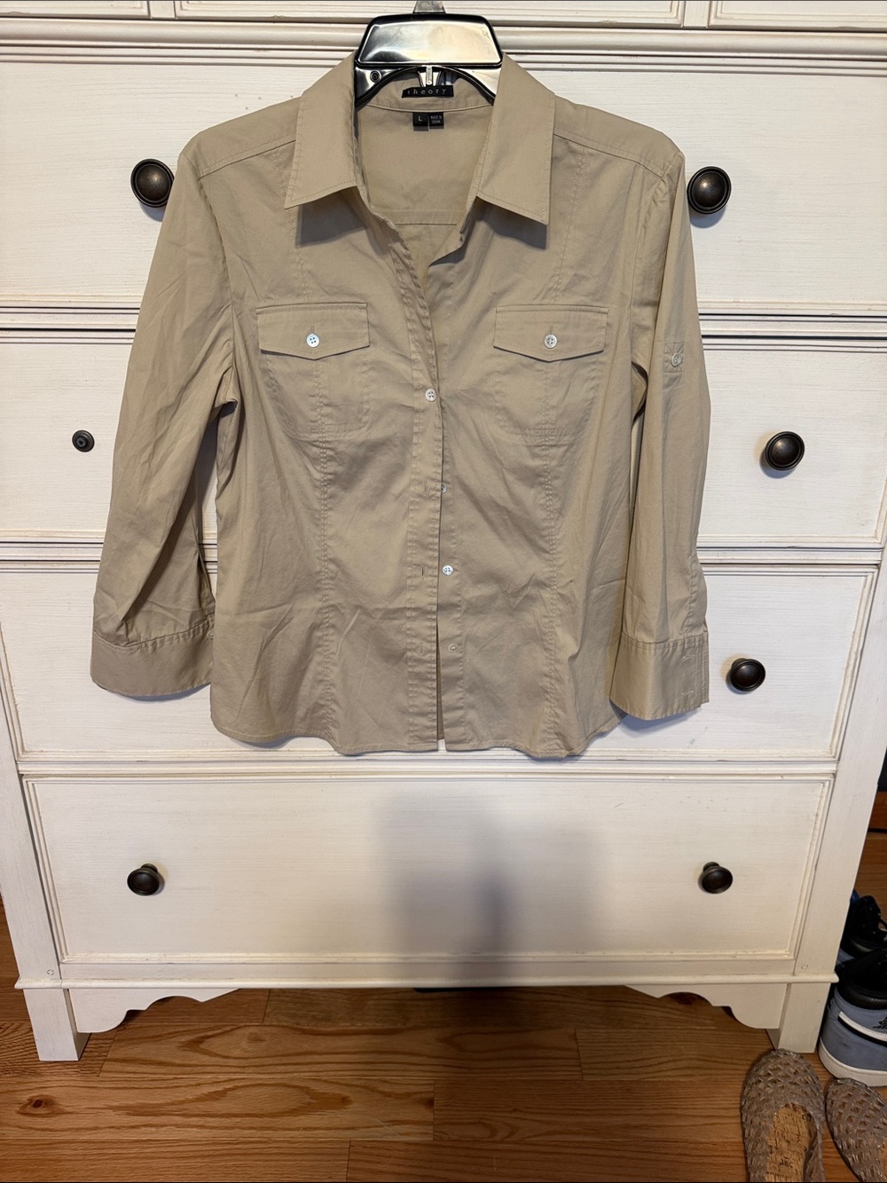 Theory Light Beige Button-Front Utility Shirt